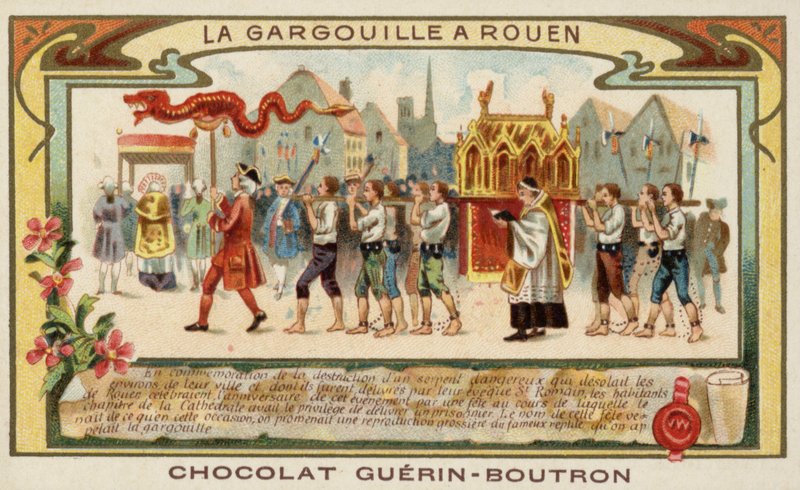 إحياء ذكرى خلاص روان من Gargouille بواسطة St Romanus (Chromolitho) بواسطة المدرسة الفرنسية