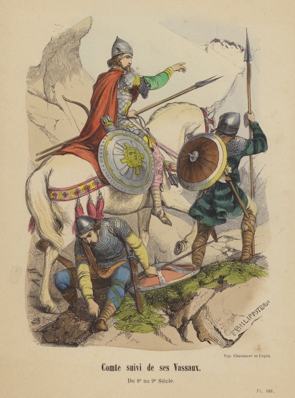 Comte suivi de ses Vassaux, Du 8e au 9e Siecle (coloured engraving) بواسطة المدرسة الفرنسية