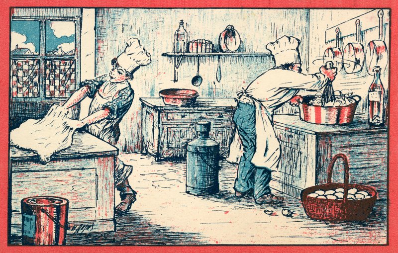 Cooks working in a kitchen (chromolitho) بواسطة المدرسة الفرنسية
