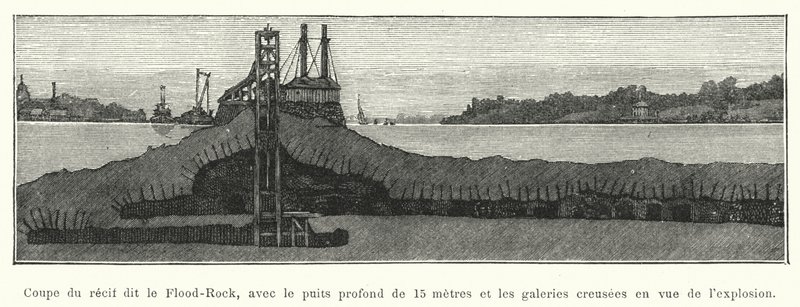 المقطع العرضي للشعاب المرجانية المعروف باسم Flood-Rock ، بعمق 15 مترًا وصالات العرض التي تم حفرها من أجل الانفجار (نقش) بواسطة المدرسة الفرنسية