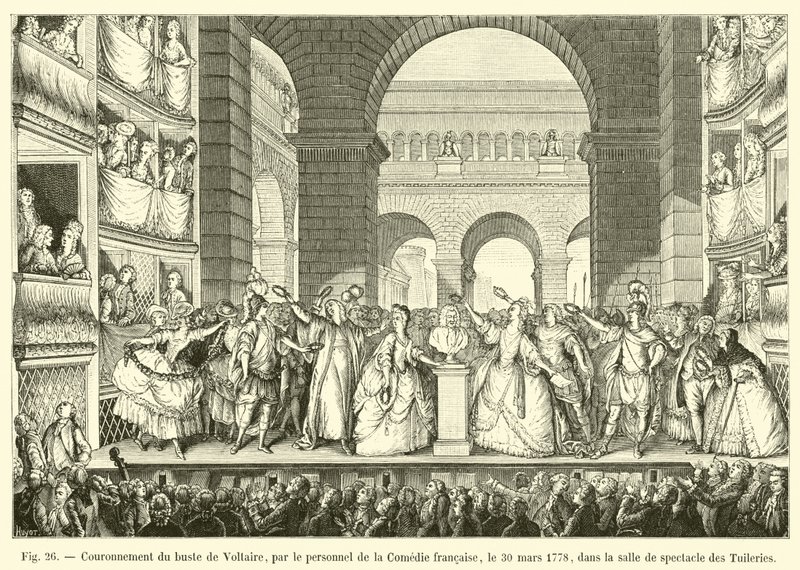 تتويج تمثال نصفي فولتير ، من قبل موظفي الكوميديا الفرنسية ، 30 مارس 1778 ، في قاعة عرض التويلري بواسطة المدرسة الفرنسية