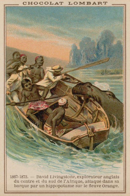 قارب ديفيد ليفينغستون يتعرض لهجوم من قبل فرس النهر على نهر أورانج ، أفريقيا ، 1867-1873 بواسطة المدرسة الفرنسية
