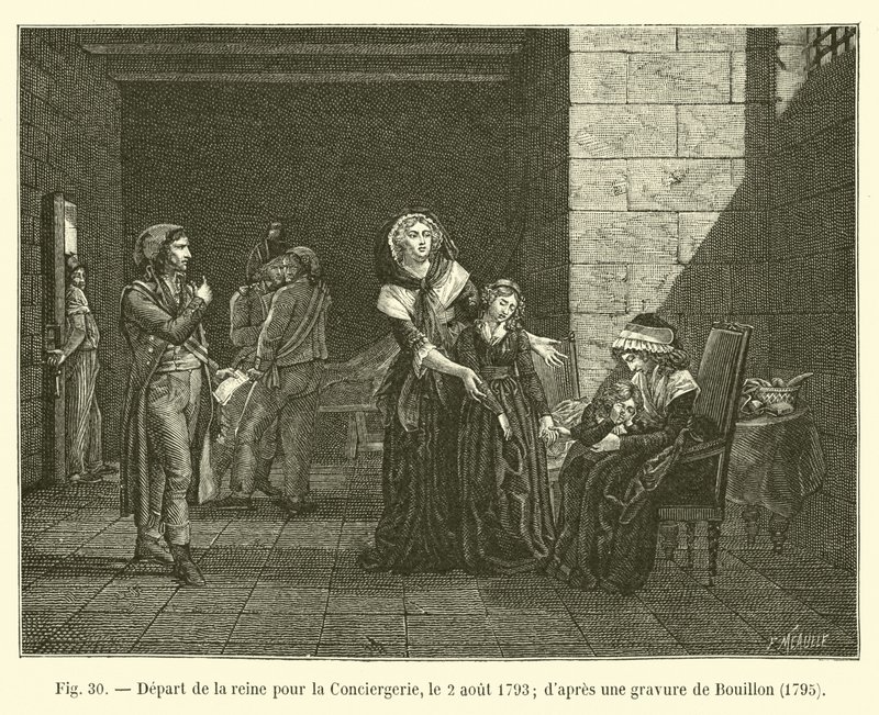 رحيل الملكة إلى كونسيرجيري ، ٢ أغسطس ١٧٩٣ ؛ بعد نقش بويلون ، 1795 بواسطة المدرسة الفرنسية