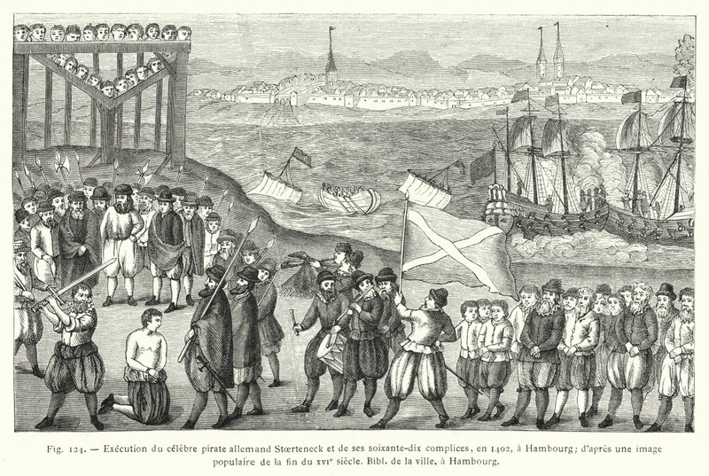 إعدام القرصان الألماني الشهير Stoerteneck وشركائه السبعين ، عام 1402 ، في هامبورغ ؛ استنادًا إلى صورة شهيرة من نهاية القرن السادس عشر ، الكتاب المقدس للمدينة ، هامبورغ (نقش) بواسطة المدرسة الفرنسية