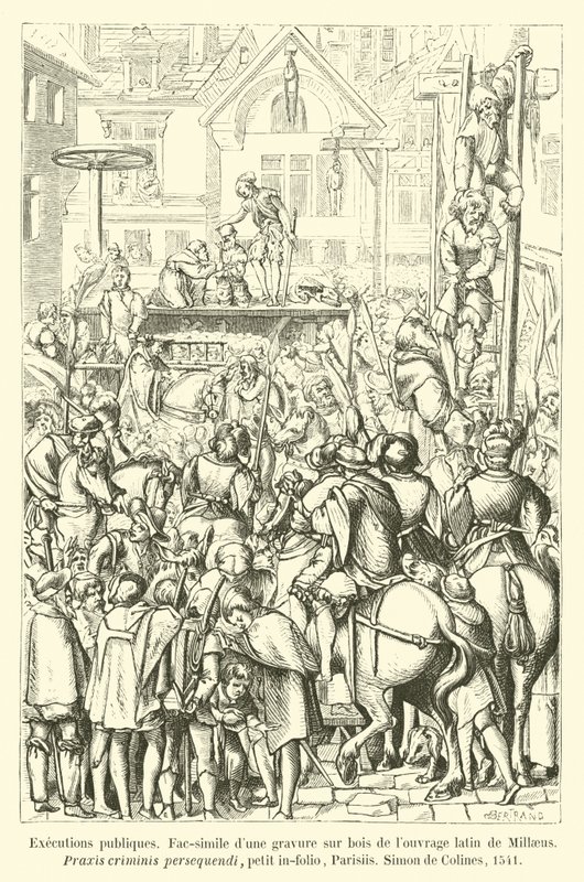 عمليات تنفيذ النشر العامة ، الحفر على الكثبان الرملية ، Fac-simile sur bois de louvrage latin de Millaeus ، Praxis criminis persequendi ، petit in-folio ، Parisiis ، Simon de Colines ، 1541 بواسطة المدرسة الفرنسية