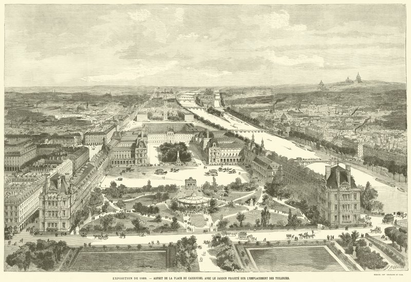 معرض 1889 ، جانب من Place du Carrousel مع الحديقة المسقطة في Place des Tuileries (نقش) بواسطة المدرسة الفرنسية