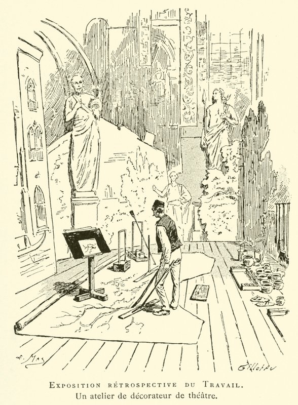 Exposition retrospective du Travail, un atelier de decorateur de theatre (engraving) بواسطة المدرسة الفرنسية