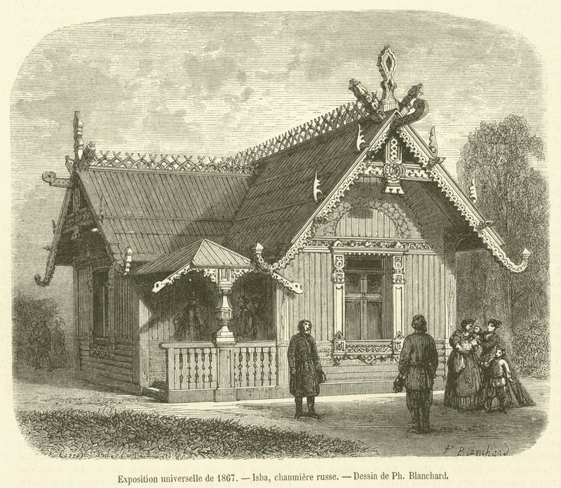 المعرض العالمي لعام 1867 ، إيسبا ، كوخ روسي (نقش) بواسطة المدرسة الفرنسية