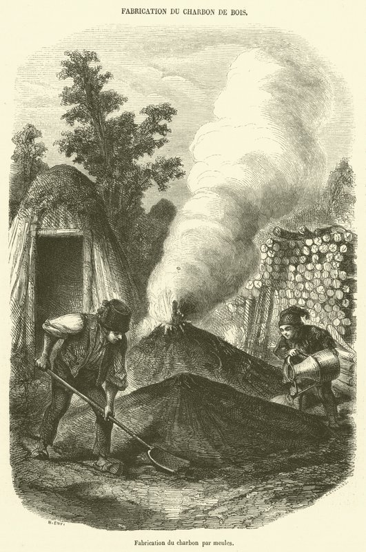Fabrication du charbon par meules (engraving) بواسطة المدرسة الفرنسية