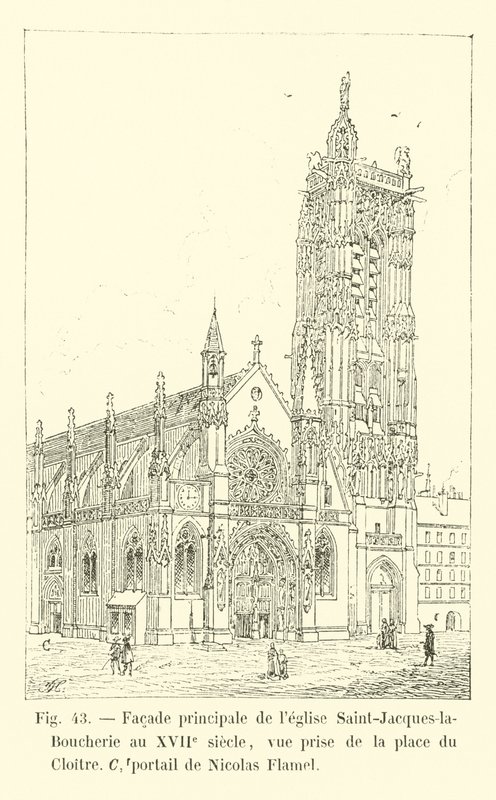 الواجهة الرئيسية لكنيسة Saint-Jacques-la-Boucherie في القرن السابع عشر ، منظر مأخوذ من Place du Cloitre ، بوابة نيكولاس فلاميل بواسطة المدرسة الفرنسية