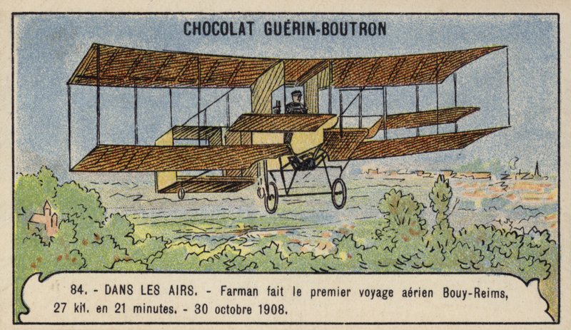 فارمان يقوم بأول رحلة طيران عبر البلاد في أوروبا ، من بوي إلى ريمس ، فرنسا ، 30 أكتوبر 1908 (كروموليثو) بواسطة المدرسة الفرنسية