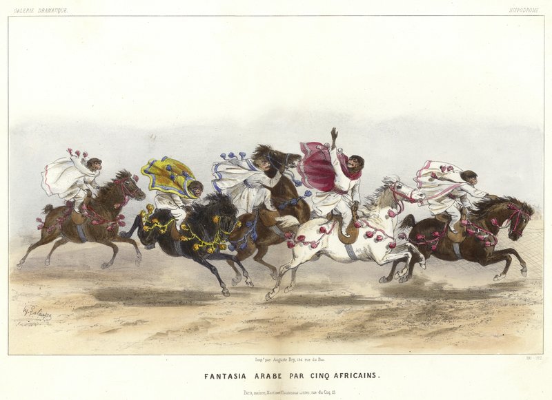 خمسة قرود بالملابس على ظهور الخيل بواسطة المدرسة الفرنسية
