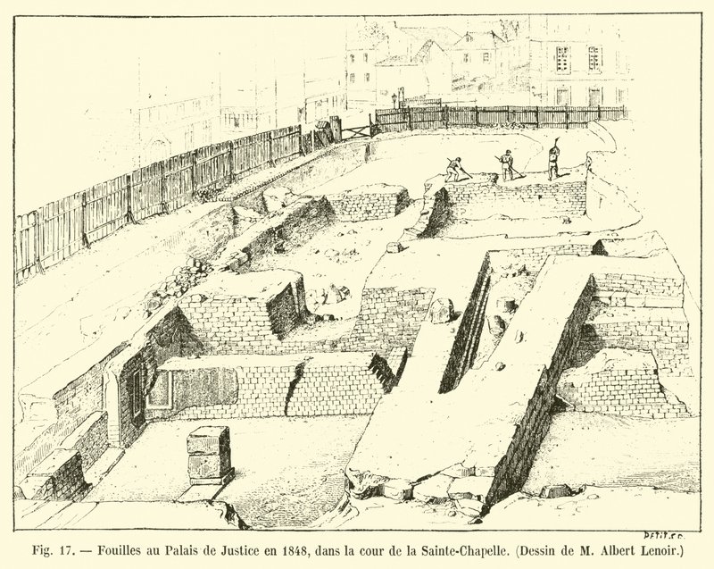 حفريات في قصر العدل عام 1848 ، في فناء كنيسة سانت تشابيل ، رسم م ألبرت لينوار بواسطة المدرسة الفرنسية