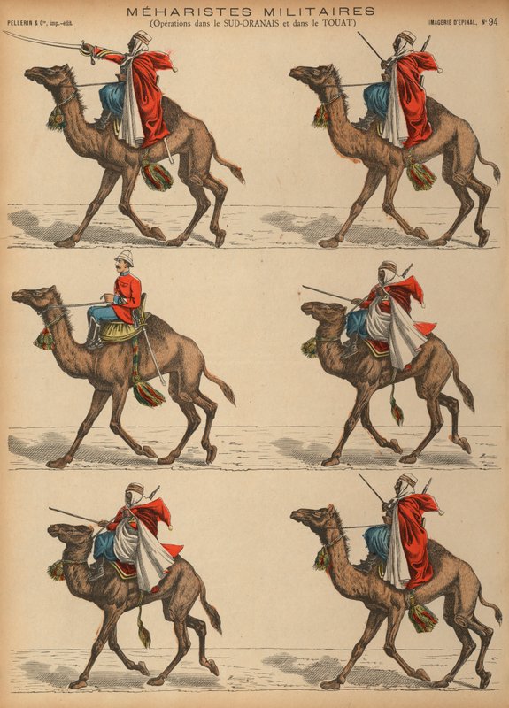 الجيش الفرنسي Meharistes (سلاح الفرسان) في الجزائر (نقش ملون) بواسطة المدرسة الفرنسية