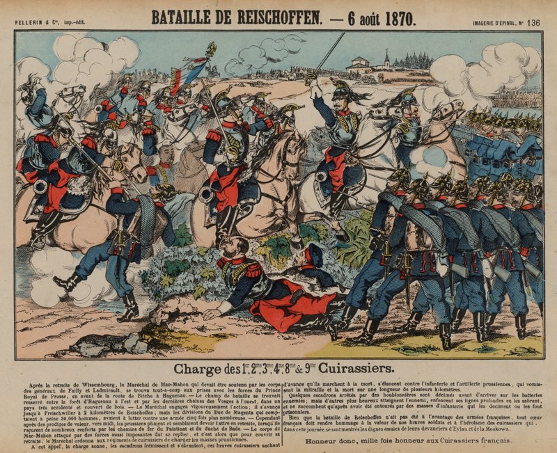 cuirassiers الفرنسيون يشحنون المشاة البروسيين في معركة Reichshoffen ، الحرب الفرنسية البروسية ، 6 أغسطس 1870 (نقش ملون) بواسطة المدرسة الفرنسية