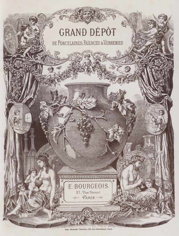 واجهة لكتالوج Grand Depot de Porcelaines ، Faiences et Verreries (لون ليثو) بواسطة المدرسة الفرنسية
