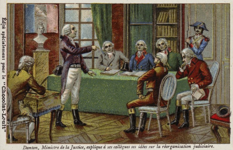 جورج دانتون ، وزير العدل ، يشرح أفكاره حول إعادة التنظيم القضائي لزملائه ، 1792 بواسطة المدرسة الفرنسية
