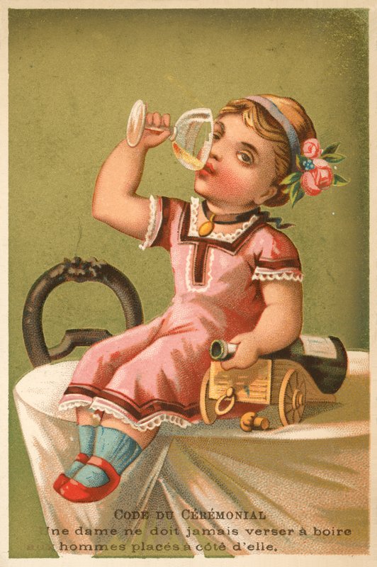 Girl drinking champagne (chromolitho) بواسطة المدرسة الفرنسية