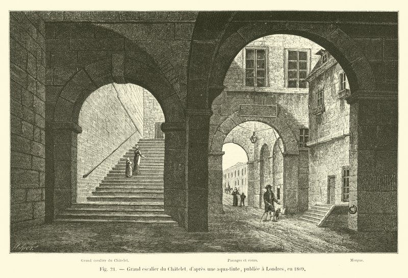 الدرج الكبير في شاتليه ، بعد صبغة مائية ، نُشر في لندن عام 1809 بواسطة المدرسة الفرنسية