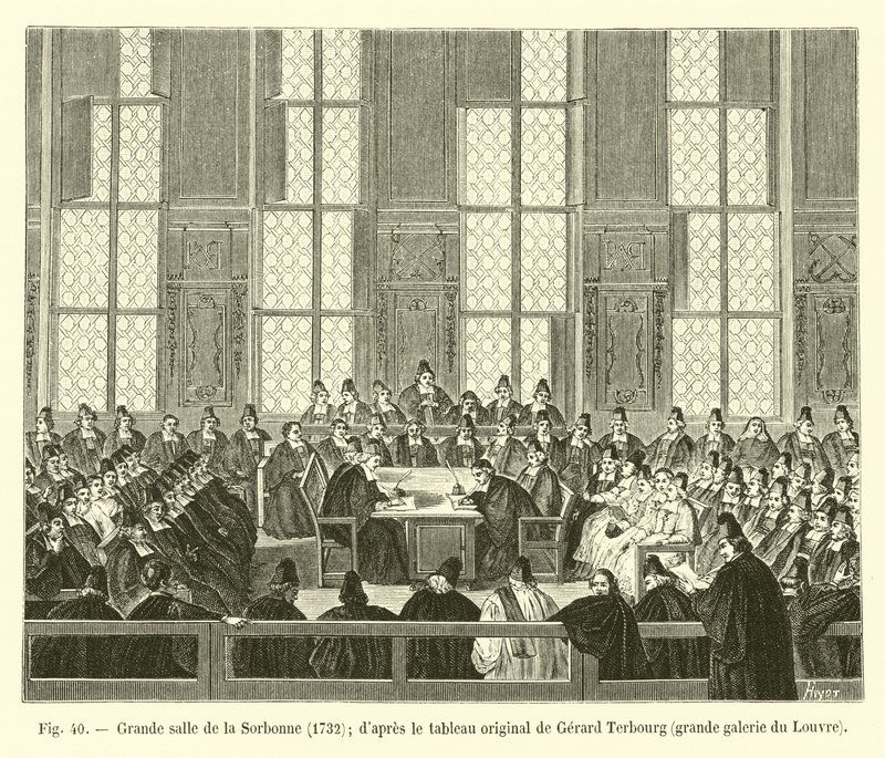 قاعة السوربون الكبرى ، 1732 ؛ من اللوحة الأصلية التي رسمها جيرارد تيربورج ، معرض رائع لمتحف اللوفر بواسطة المدرسة الفرنسية