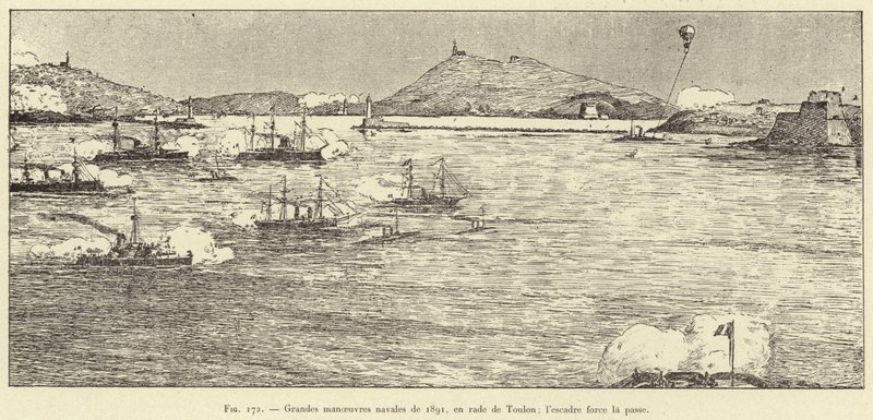 مناورات بحرية كبرى عام 1891 في ميناء طولون ؛ السرب يجبر المرور (نقش) بواسطة المدرسة الفرنسية