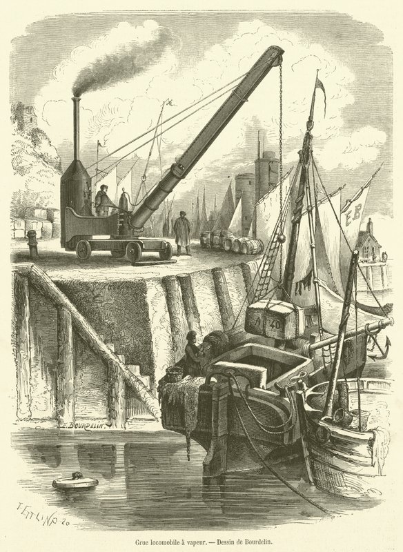 Grue locomobile a vapeur (engraving) بواسطة المدرسة الفرنسية