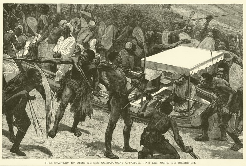 جلالة ستانلي وأحد عشر من رفاقه يتعرضون للهجوم من قبل السود في بومبيره (نقش) بواسطة المدرسة الفرنسية