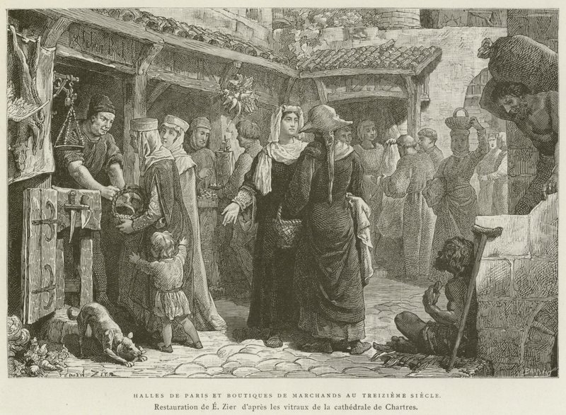 Halles De Paris والمحلات التجارية في القرن الثالث عشر (نقش) بواسطة المدرسة الفرنسية