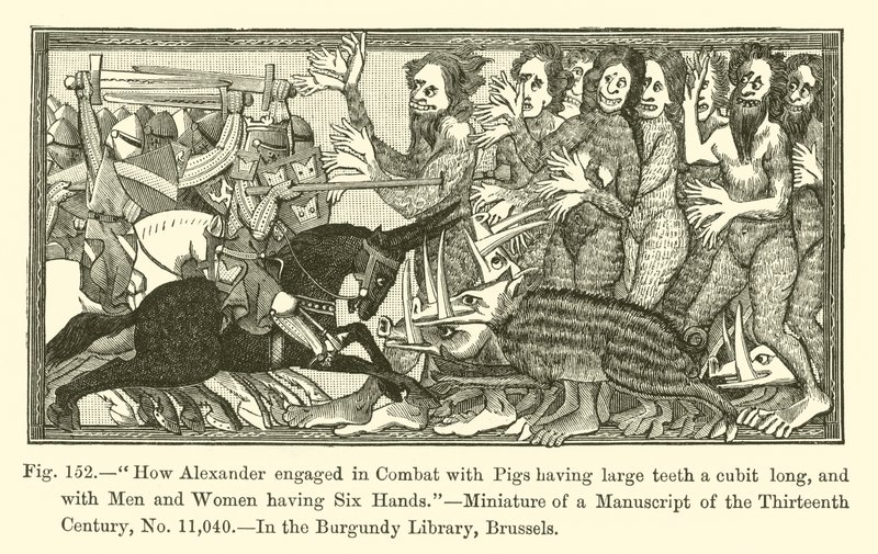How Alexander engaged in Combat with Pigs having large teeth a cubit long, and with Men and Women having six Hands (engraving) بواسطة المدرسة الفرنسية