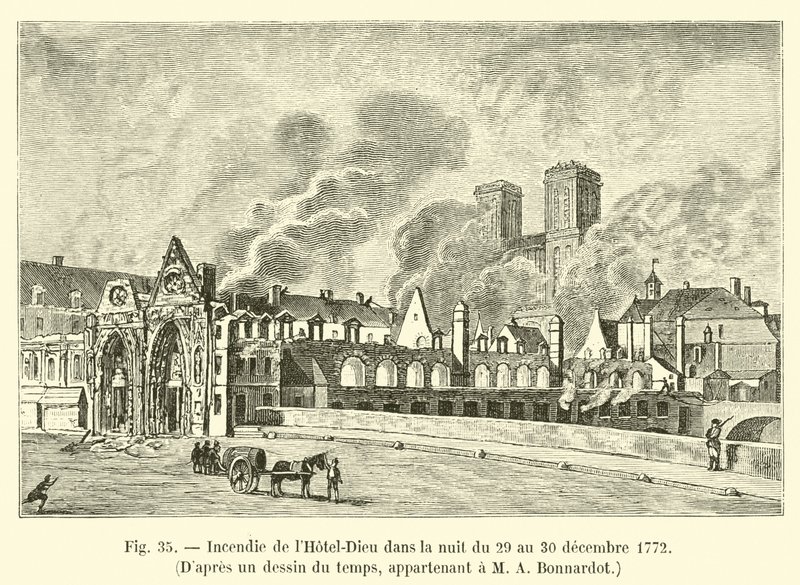 حريق في Hôtel-Dieu في ليلة 29 إلى 30 ديسمبر 1772 ، وفقًا لسحب زمني ، ينتمي إلى MA Bonnardot بواسطة المدرسة الفرنسية