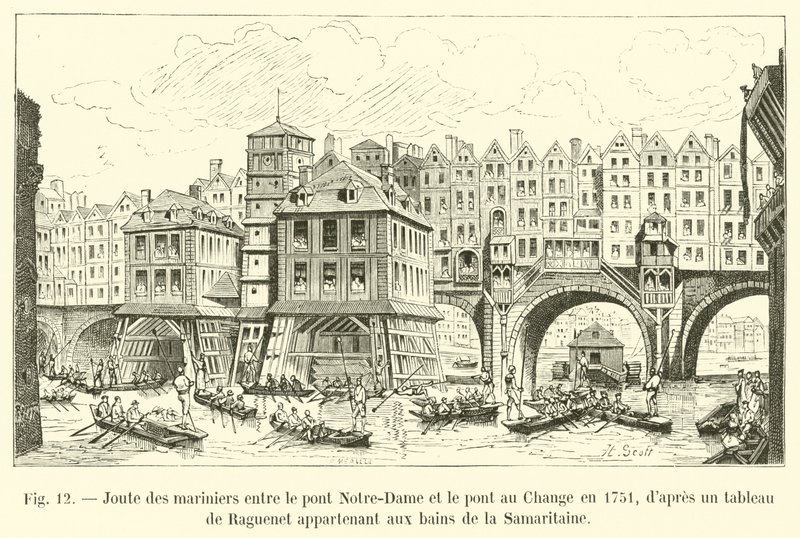 تنافس البحارة بين جسر نوتردام و Pont au Change في 1751 ، وفقًا لرسمة من Raguenet تنتمي إلى حمامات Samaritaine بواسطة المدرسة الفرنسية
