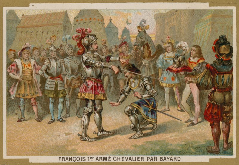 منح الملك تشارلز الأول ملك فرنسا لقب فارس من قبل Chevalier de Bayard بعد معركة Marignano ، 1515 بواسطة المدرسة الفرنسية
