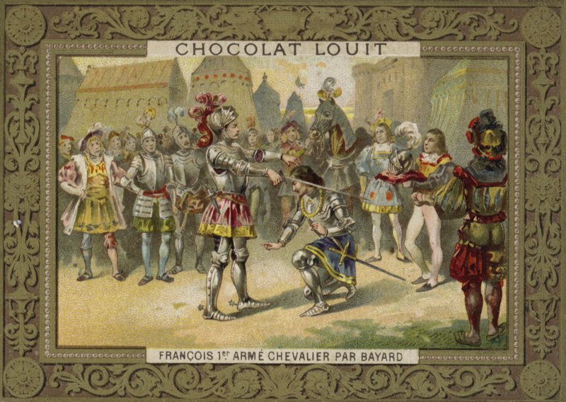 منح الملك تشارلز الأول ملك فرنسا لقب فارس من قبل Chevalier de Bayard بعد معركة Marignano ، 1515 بواسطة المدرسة الفرنسية