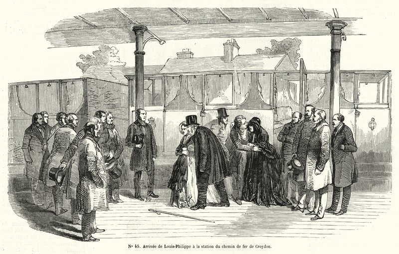 وصول ملك فرنسا لويس فيليب إلى محطة سكة حديد كرويدون بعد إجباره على النفي ، فبراير 1848 (نقش) بواسطة المدرسة الفرنسية