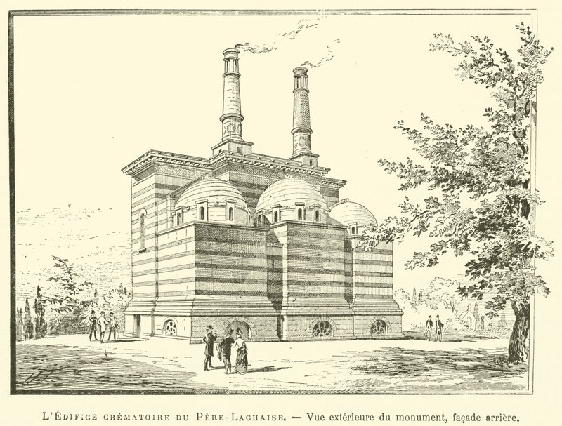 مبنى محرقة Pere-Lachaise ، المنظر الخارجي للنصب التذكاري ، الواجهة الخلفية (نقش) بواسطة المدرسة الفرنسية
