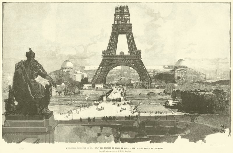 المعرض العالمي لعام 1889 ، حالة أعمال Champ de Mars ، منظر مأخوذ من قصر Trocadero ، من صورة السيد HC Godefroy (نقش) بواسطة المدرسة الفرنسية