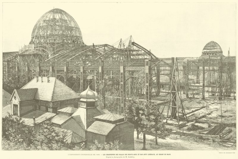 المعرض العالمي لعام 1889 ، هياكل قصر الفنون الجميلة والفنون الحرة ، في Champ de Mars ، من صورة M Godefroy (نقش) بواسطة المدرسة الفرنسية