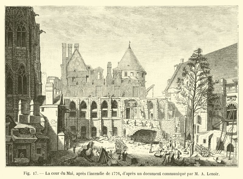 محكمة مايو ، بعد حريق 1776 ، وفقًا لوثيقة أرسلها MA Lenoir بواسطة المدرسة الفرنسية