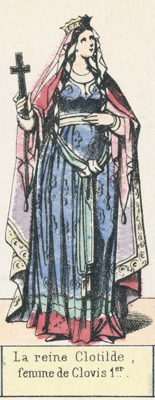 La reine Clotilde, femme de Clovis 1er (coloured engraving) بواسطة المدرسة الفرنسية