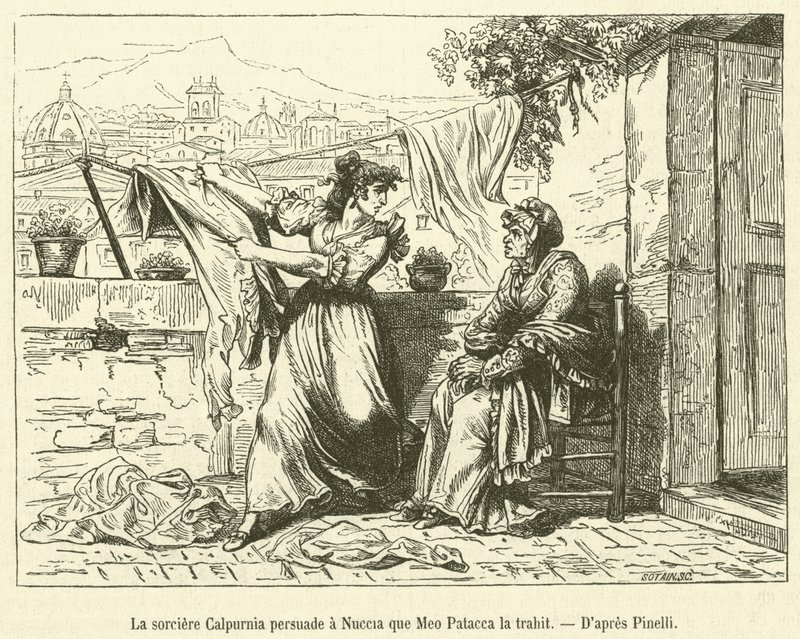 تقنع الساحرة Calpurnia Nuccia أن Meo Patacca يخونها (نقش) بواسطة المدرسة الفرنسية