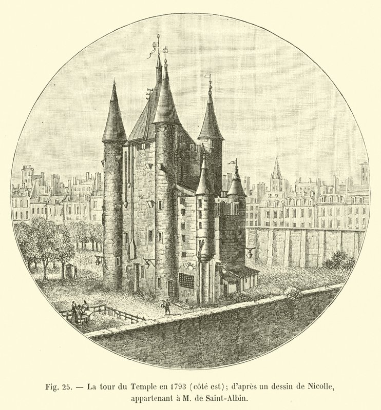 برج المعبد في 1793 ، الساحل الشرقي ؛ بعد رسم نيكول. تنتمي إلى M de Saint-Albin بواسطة المدرسة الفرنسية