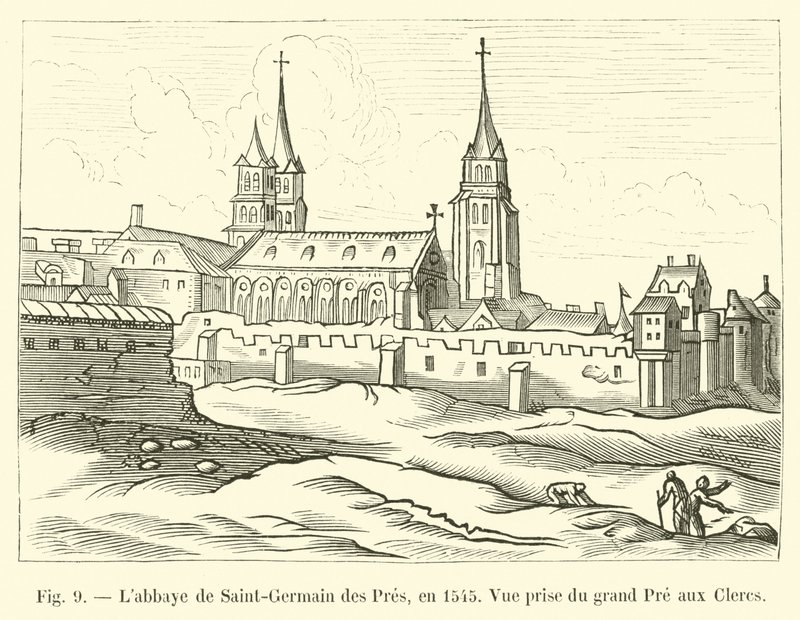 Labbaye de Saint-Germain des Pres ، في عام 1545 ، منظر مأخوذ من Grand Pre aux Clercs بواسطة المدرسة الفرنسية