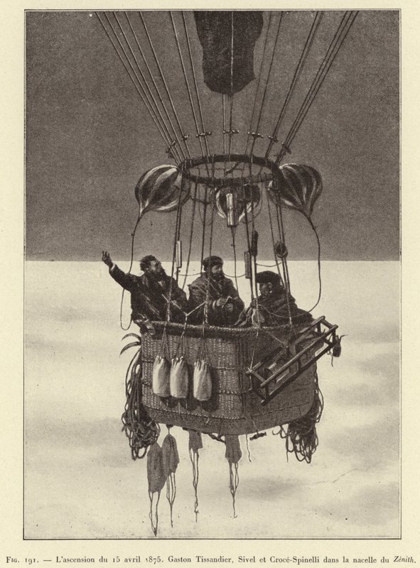 صعود 15 أبريل 1875 ، جاستون تيساندير ، سيفيل وكروس سبينيلي في زينيث جندول (نقش) بواسطة المدرسة الفرنسية