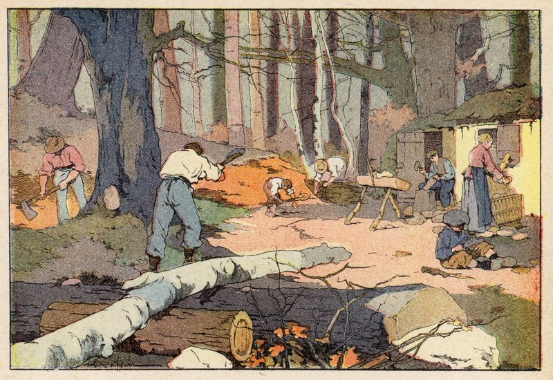 Le Bucheron, Le Sabotier, The Woodcutter, The Clog Maker (colour litho) بواسطة المدرسة الفرنسية