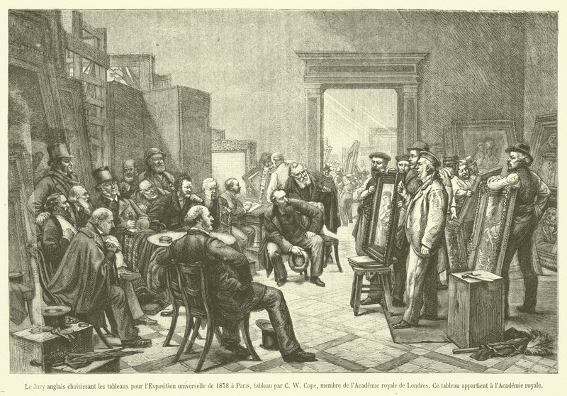 لجنة التحكيم الإنجليزية تختار اللوحات للمعرض العالمي 1878 في باريس (نقش) بواسطة المدرسة الفرنسية