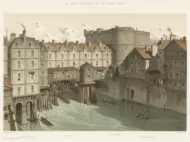 Le Petit-Chatelet و le Petit-Pont ، 1717 بواسطة المدرسة الفرنسية