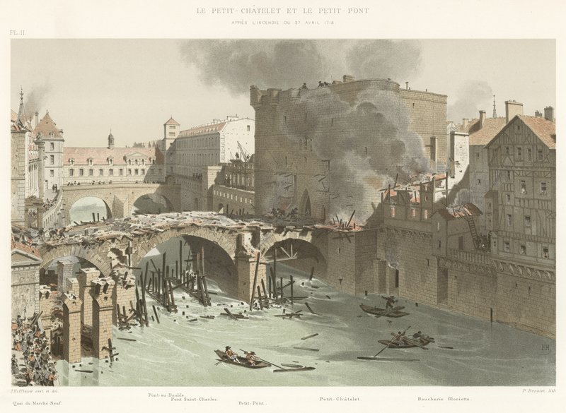 Le Petit-Chatelet و le Petit-Pont ، بعد حريق 27 أبريل 1718 بواسطة المدرسة الفرنسية