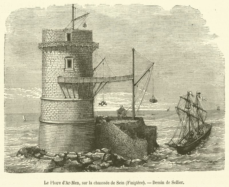 The Phare d'Ar-Men ، على Chaussee de Sein ، فينيستير (نقش) بواسطة المدرسة الفرنسية