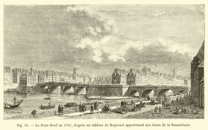 Pont-Neuf في عام 1760 ، بعد لوحة لراغونيت تنتمي إلى حمامات السامريتين بواسطة المدرسة الفرنسية