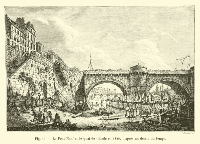 Pont-Neuf و quai de l&39;Ecole في عام 1820 ، من رسم للوقت بواسطة المدرسة الفرنسية